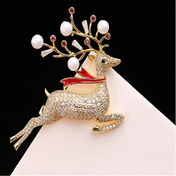 New Sparkly Gold-Tone Reindeer Brooch (2” wide x 1.75” tall) (Version “Prancer”) - Picture 2 of 8